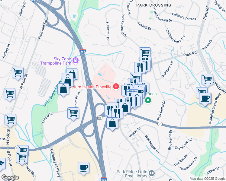map of restaurants, bars, coffee shops, grocery stores, and more near 10624 Park Road in Charlotte