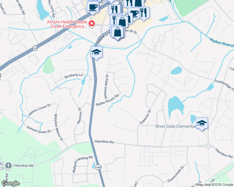 map of restaurants, bars, coffee shops, grocery stores, and more near 13014 Ballyhack Court in Charlotte