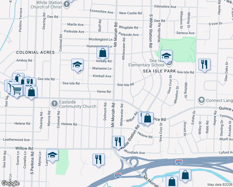 map of restaurants, bars, coffee shops, grocery stores, and more near 1439 Whitewater Road in Memphis