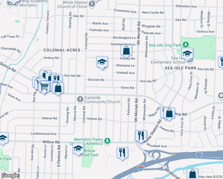 map of restaurants, bars, coffee shops, grocery stores, and more near 1434 Ivy Road in Memphis