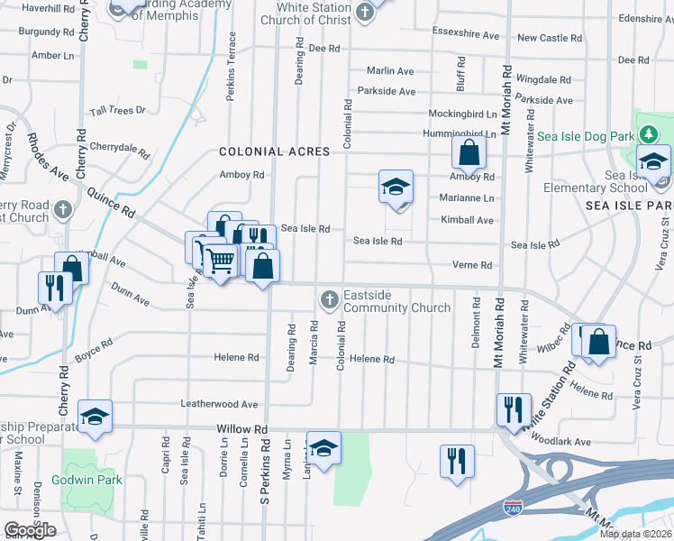 map of restaurants, bars, coffee shops, grocery stores, and more near 1433 Colonial Road in Memphis