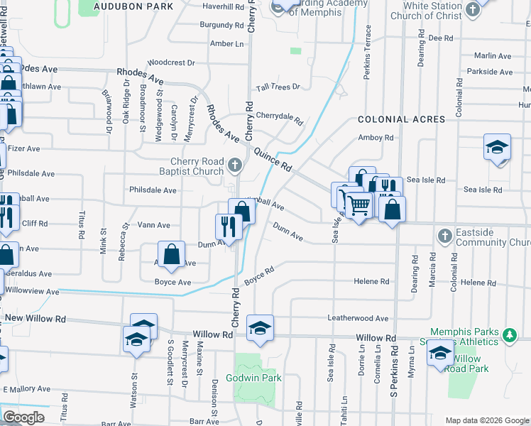 map of restaurants, bars, coffee shops, grocery stores, and more near 1434 Flamingo Road in Memphis