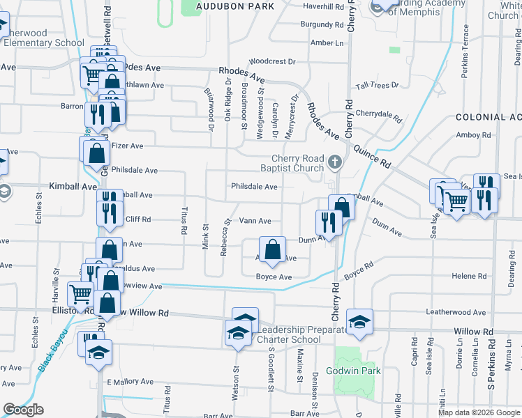 map of restaurants, bars, coffee shops, grocery stores, and more near 4198 Kimball Avenue in Memphis