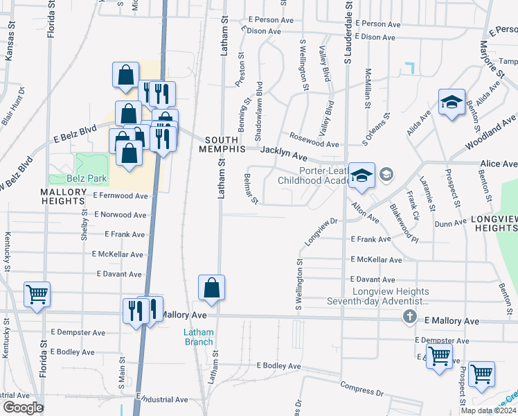 map of restaurants, bars, coffee shops, grocery stores, and more near 2020 Belmar Street in Memphis