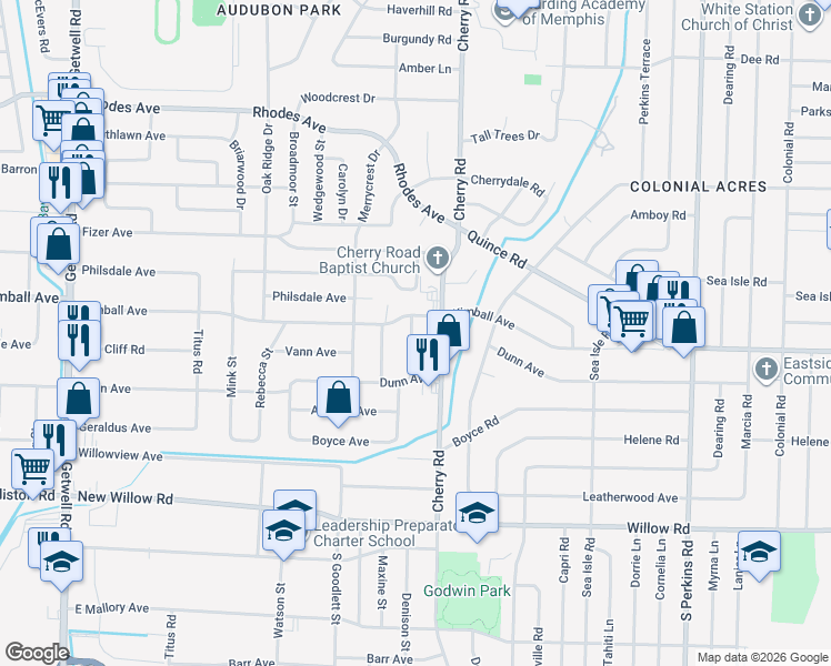 map of restaurants, bars, coffee shops, grocery stores, and more near 1470 Wanda Street in Memphis