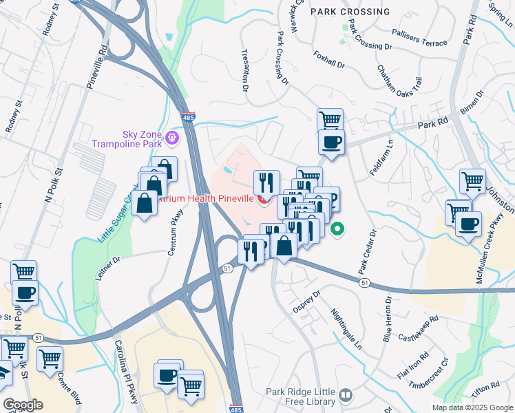 map of restaurants, bars, coffee shops, grocery stores, and more near 10628 Park Road in Charlotte