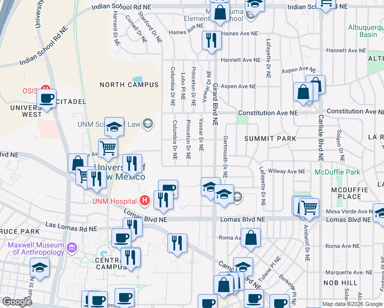 map of restaurants, bars, coffee shops, grocery stores, and more near 1039 Princeton Drive Northeast in Albuquerque