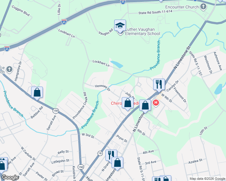 map of restaurants, bars, coffee shops, grocery stores, and more near 110 Delaware Court in Gaffney