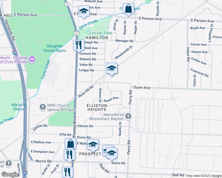 map of restaurants, bars, coffee shops, grocery stores, and more near 1487 Dunn Avenue in Memphis