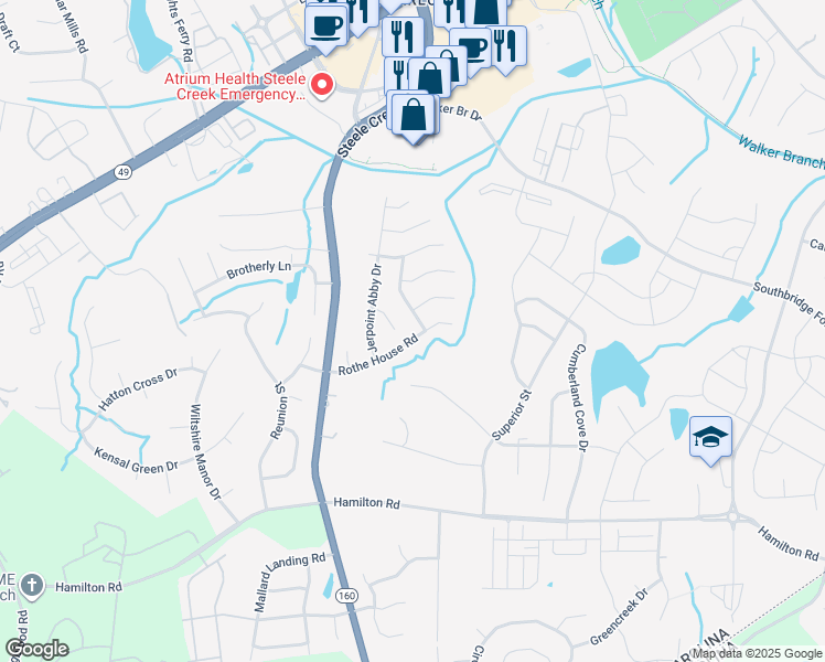 map of restaurants, bars, coffee shops, grocery stores, and more near 13014 Ballyhack Court in Charlotte