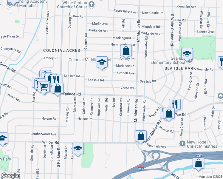 map of restaurants, bars, coffee shops, grocery stores, and more near 4873 Verne Road in Memphis
