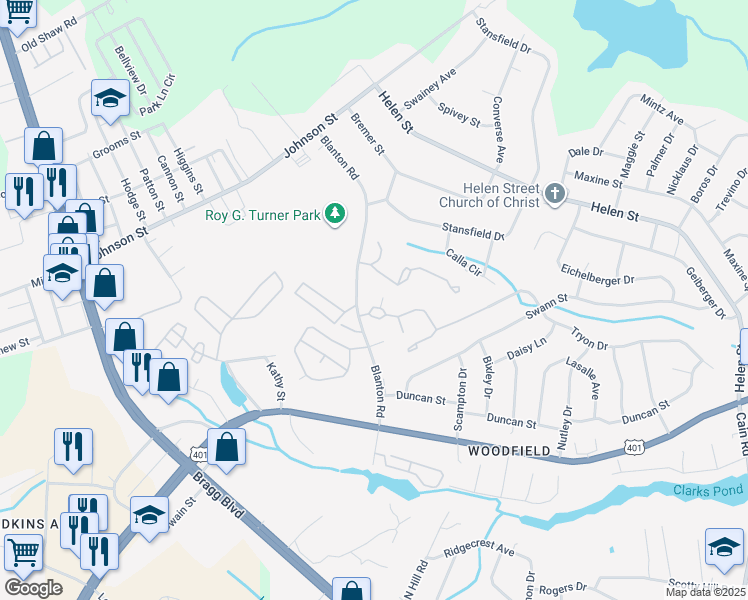 map of restaurants, bars, coffee shops, grocery stores, and more near 1136 Lauren McNeill Loop in Fayetteville