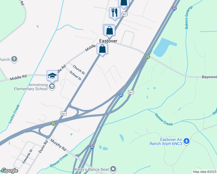 map of restaurants, bars, coffee shops, grocery stores, and more near 3340 Eastgate Street in Fayetteville