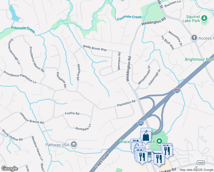 map of restaurants, bars, coffee shops, grocery stores, and more near 7019 Edenderry Drive in Charlotte