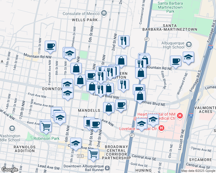 map of restaurants, bars, coffee shops, grocery stores, and more near 198 Marble Avenue Northwest in Albuquerque