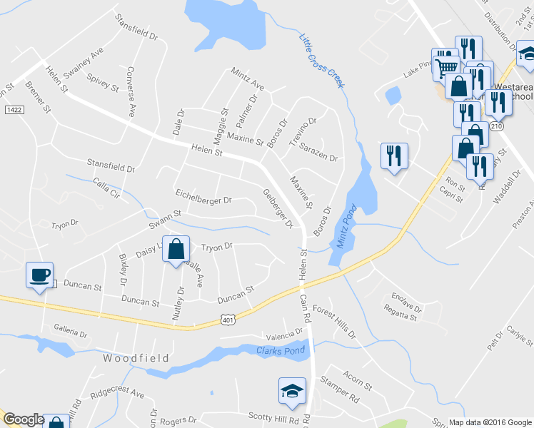 map of restaurants, bars, coffee shops, grocery stores, and more near 1909 Swann Street in Fayetteville