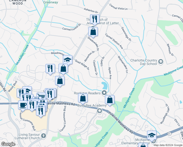 map of restaurants, bars, coffee shops, grocery stores, and more near 7226 Quail Ridge Drive in Charlotte
