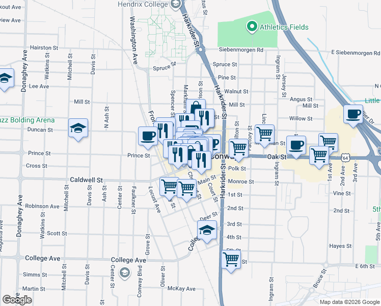 map of restaurants, bars, coffee shops, grocery stores, and more near 1014 Markham Street in Conway