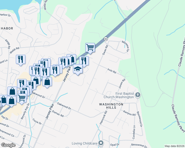 map of restaurants, bars, coffee shops, grocery stores, and more near 4927 Swan Road in Chattanooga
