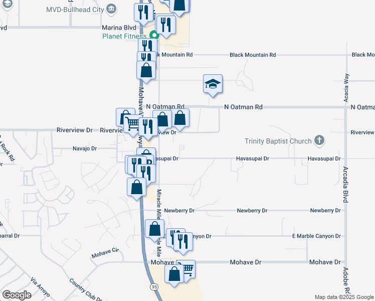 map of restaurants, bars, coffee shops, grocery stores, and more near 1627 Havasupai Drive in Bullhead City