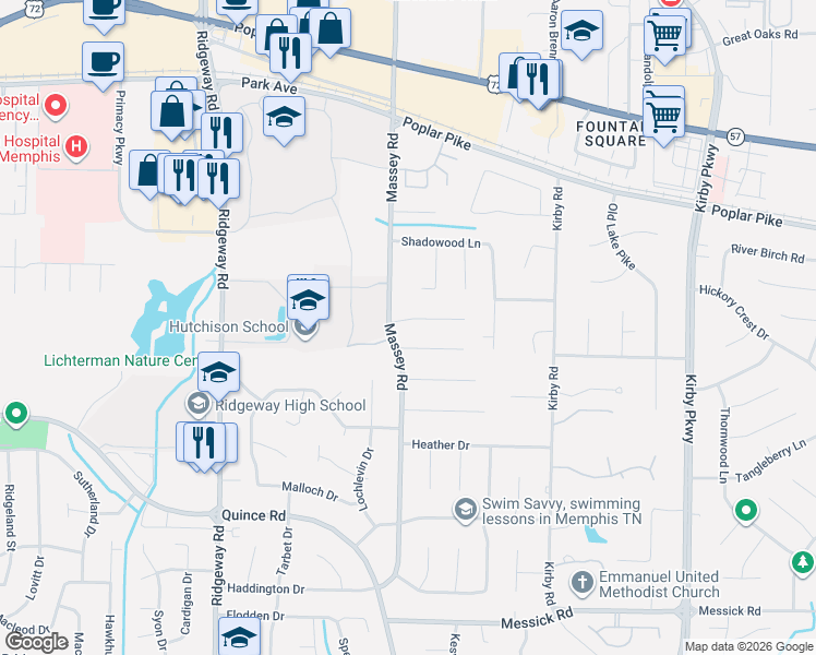 map of restaurants, bars, coffee shops, grocery stores, and more near 6344 Old Orchard Cove in Memphis