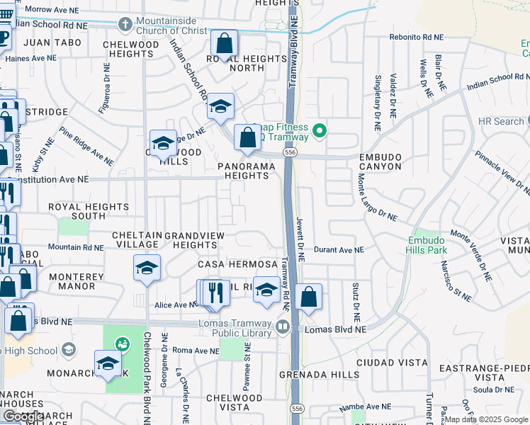 map of restaurants, bars, coffee shops, grocery stores, and more near 1501 Tramway Boulevard Northeast in Albuquerque