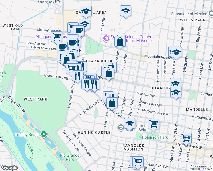 map of restaurants, bars, coffee shops, grocery stores, and more near 1504 Lomas Boulevard Northwest in Albuquerque