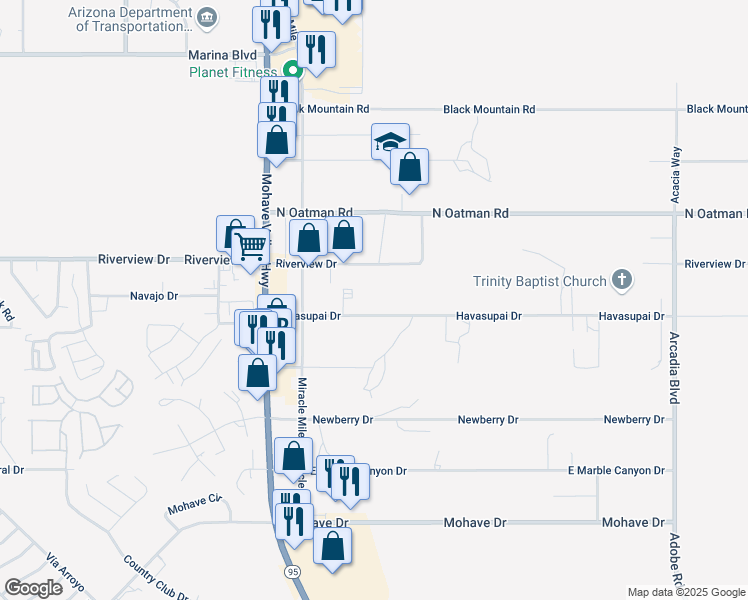 map of restaurants, bars, coffee shops, grocery stores, and more near 1627 Havasupai Drive in Bullhead City