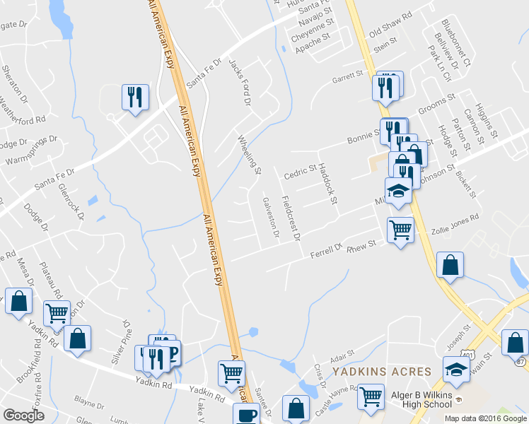 map of restaurants, bars, coffee shops, grocery stores, and more near 2012 Wheeling Street in Fayetteville