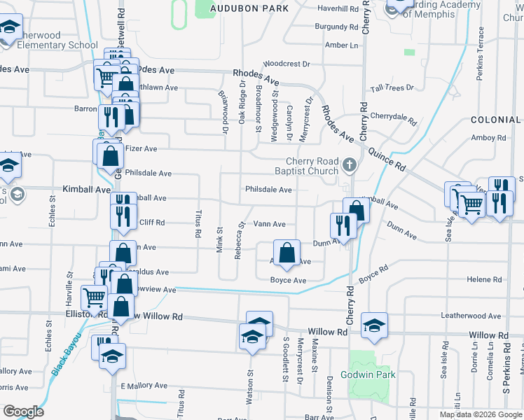map of restaurants, bars, coffee shops, grocery stores, and more near 4198 Kimball Avenue in Memphis