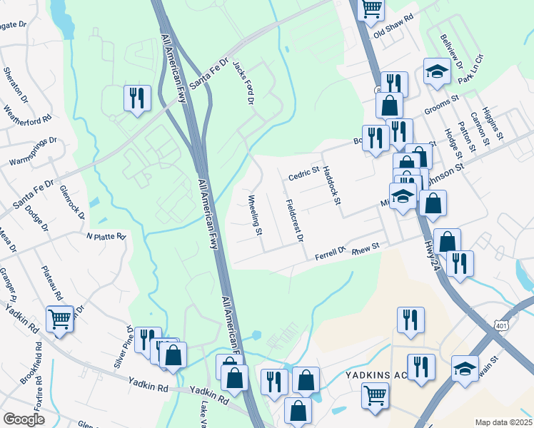 map of restaurants, bars, coffee shops, grocery stores, and more near 2012 Wheeling Street in Fayetteville