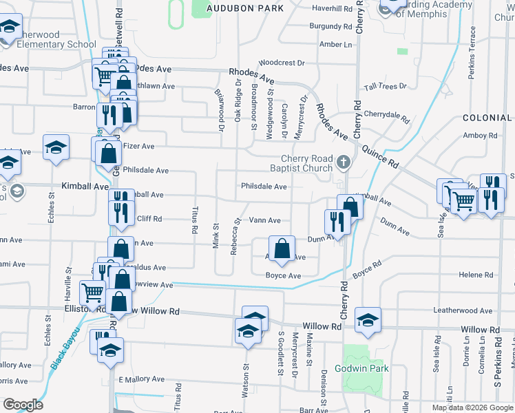 map of restaurants, bars, coffee shops, grocery stores, and more near 4198 Kimball Avenue in Memphis