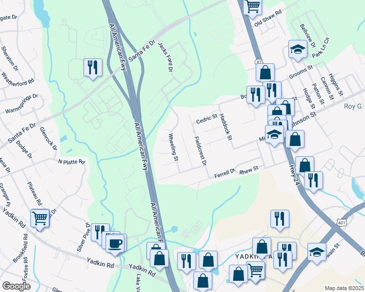 map of restaurants, bars, coffee shops, grocery stores, and more near 4959 Galveston Drive in Fayetteville