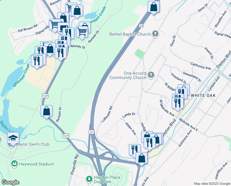 map of restaurants, bars, coffee shops, grocery stores, and more near 445 Lullwater Road in Chattanooga