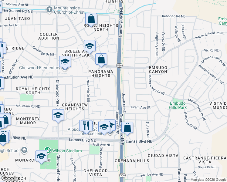 map of restaurants, bars, coffee shops, grocery stores, and more near 1501 Tramway Boulevard Northeast in Albuquerque
