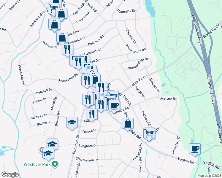 map of restaurants, bars, coffee shops, grocery stores, and more near 5610 Carson Drive in Fayetteville