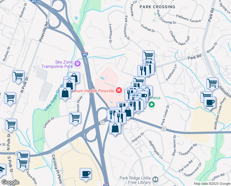 map of restaurants, bars, coffee shops, grocery stores, and more near 10628 Park Road in Charlotte