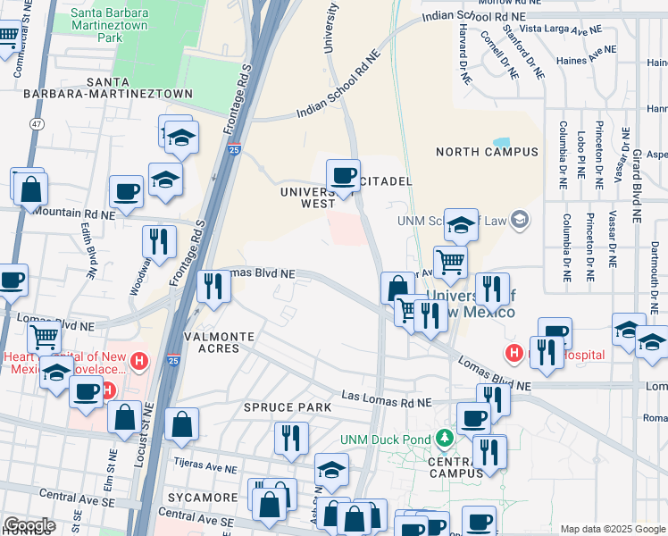 map of restaurants, bars, coffee shops, grocery stores, and more near 1601 Lomas Boulevard Northeast in Albuquerque