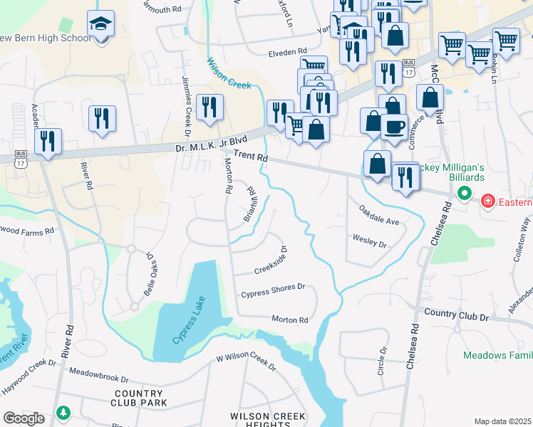 map of restaurants, bars, coffee shops, grocery stores, and more near 4813 Briarhill Road in New Bern