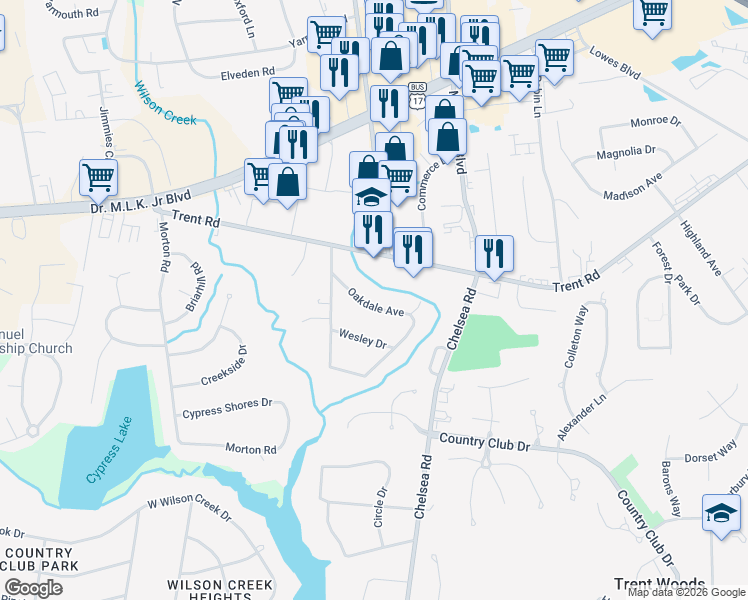 map of restaurants, bars, coffee shops, grocery stores, and more near 708 Oakdale Avenue in New Bern