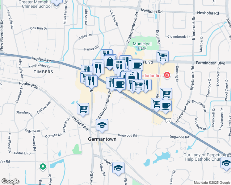map of restaurants, bars, coffee shops, grocery stores, and more near 7645 Poplar Avenue in Germantown
