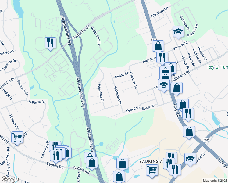 map of restaurants, bars, coffee shops, grocery stores, and more near 4955 Fieldcrest Drive in Fayetteville
