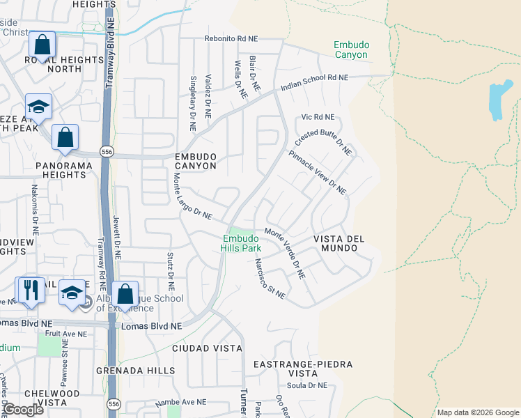 map of restaurants, bars, coffee shops, grocery stores, and more near 1406 Narcisco Street Northeast in Albuquerque
