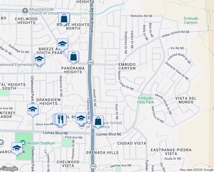 map of restaurants, bars, coffee shops, grocery stores, and more near 1409 Cumbres Street Northeast in Albuquerque