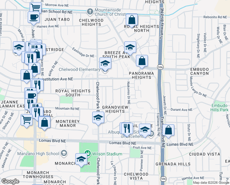 map of restaurants, bars, coffee shops, grocery stores, and more near 1221 La Charles Drive Northeast in Albuquerque