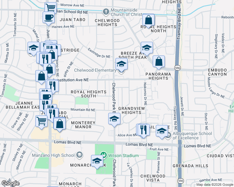 map of restaurants, bars, coffee shops, grocery stores, and more near 1220 Chelwood Park Boulevard Northeast in Albuquerque