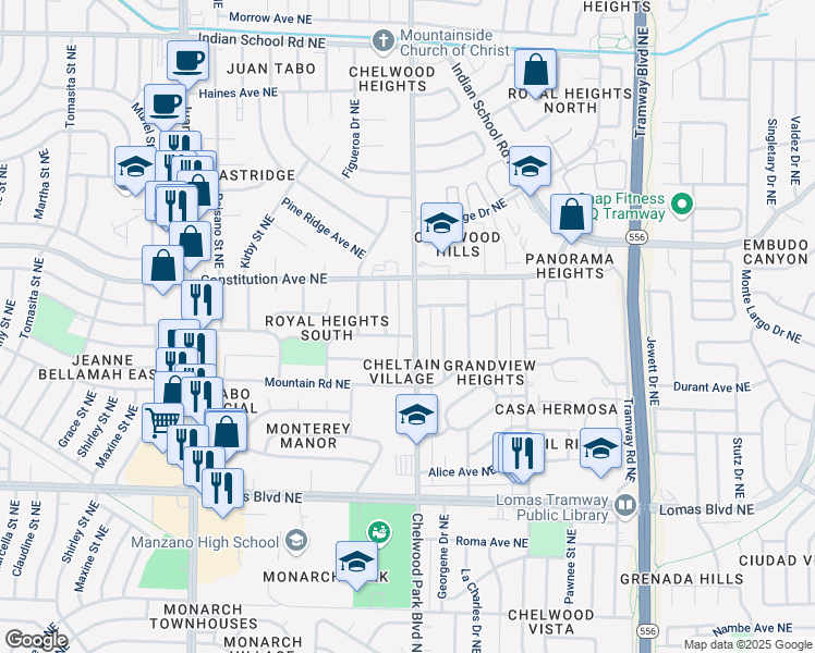 map of restaurants, bars, coffee shops, grocery stores, and more near 1220 Chelwood Park Boulevard Northeast in Albuquerque