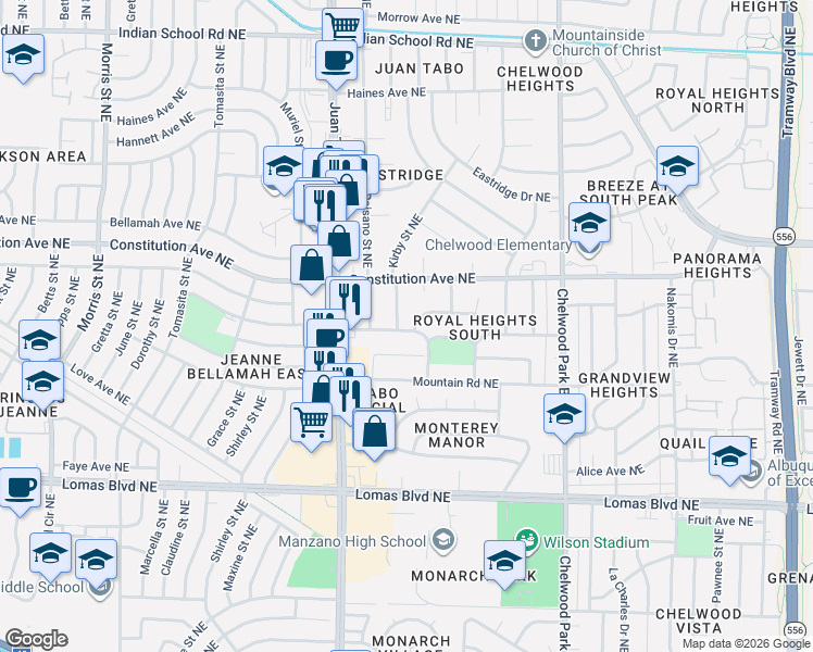 map of restaurants, bars, coffee shops, grocery stores, and more near 12213 Kinley Avenue Northeast in Albuquerque
