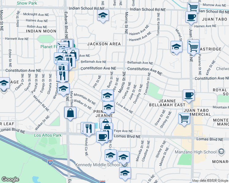 map of restaurants, bars, coffee shops, grocery stores, and more near 1135 Morris Street Northeast in Albuquerque