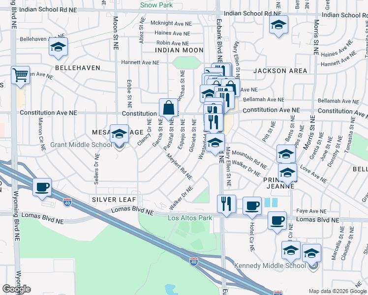 map of restaurants, bars, coffee shops, grocery stores, and more near 1225-1229 Espejo Street Northeast in Albuquerque